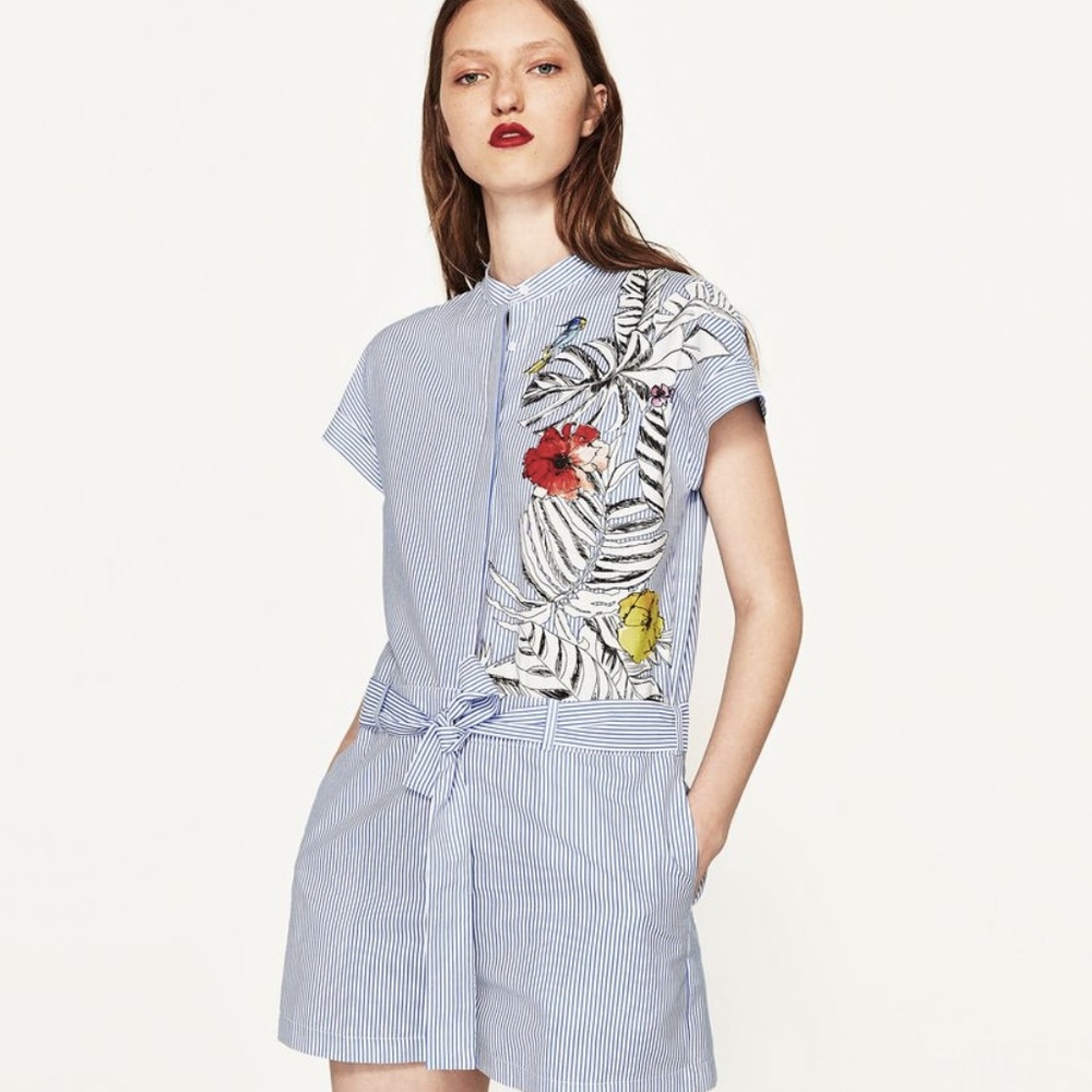 ZARA Striped Short Jumpsuit with Flower